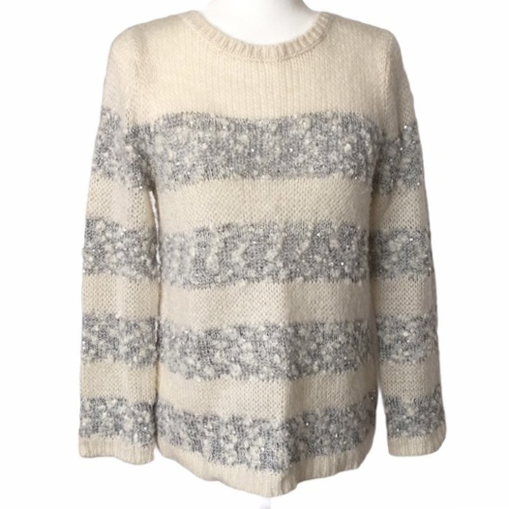 Topshop Winter White Silver Sequin Striped Sweater